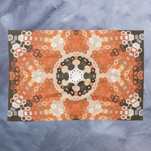 Hex Mandala Orange White and Brown Tea Towel