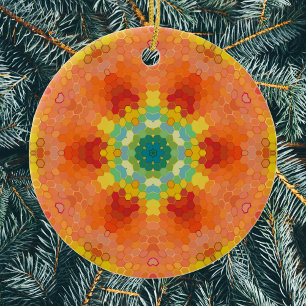 Hex Mandala Orange Yellow Red and Blue Ceramic Ornament