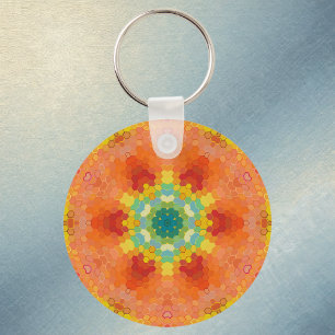 Hex Mandala Orange Yellow Red and Blue Key Ring
