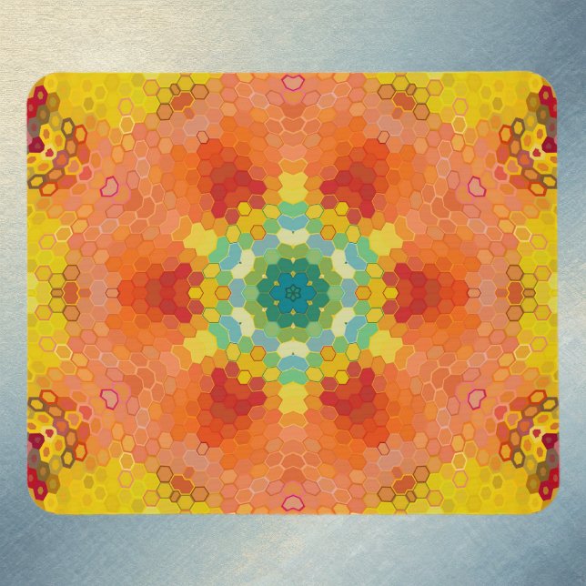 Hex Mandala Orange Yellow Red and Blue Mouse Pad (Orange Yellow Red and Blue Hexagon Mandala Mouse Pad by Wormhole Orbital)