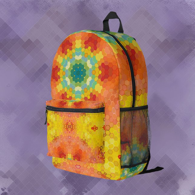 Hex Mandala Orange Yellow Red and Blue Printed Backpack (Creator Uploaded)