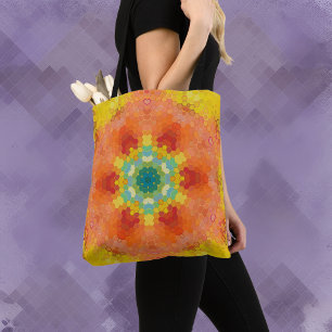 Hex Mandala Orange Yellow Red and Blue Tote Bag