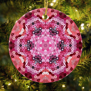 Hex Mandala Pink Red and White Ceramic Ornament