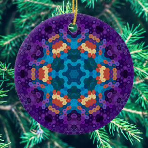 Hex Mandala Purple Blue and Orange Ceramic Ornament