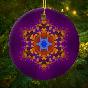 Hex Mandala Purple Orange and Blue Ceramic Ornament