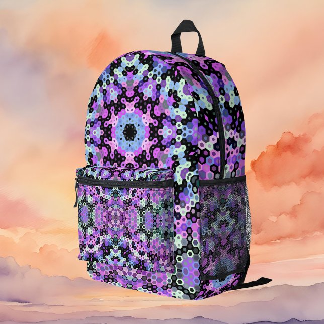 Hex Mandala Purple Pink and Blue Printed Backpack (Purple Pink and Blue Hexagon Mandala Backpack By Wormhole Orbital)