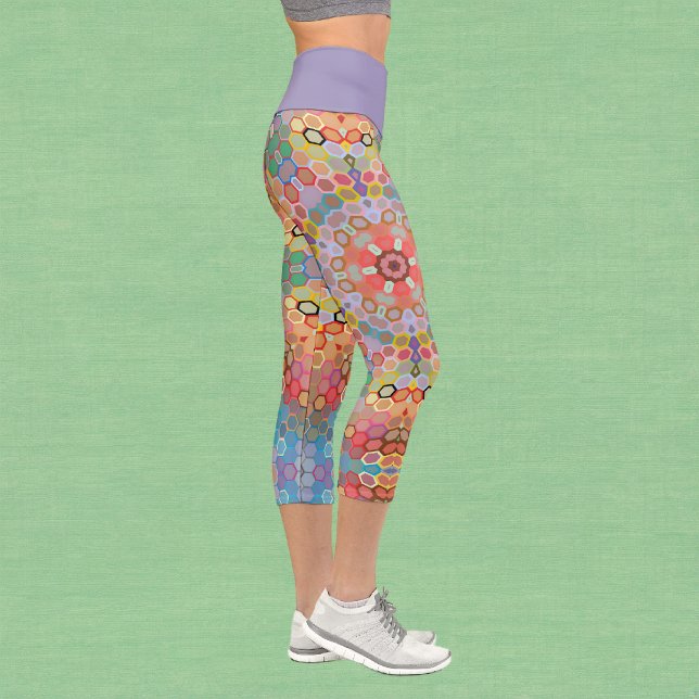 Hex Mandala Rainbow Capri Leggings (Rainbow Hexagon Mandala Capri Leggings by Wormhole Orbital)