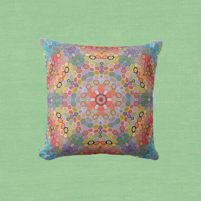 Hex Mandala Rainbow Cushion (Rainbow Hexagon Mandala Throw Pillow by Wormhole Orbital)