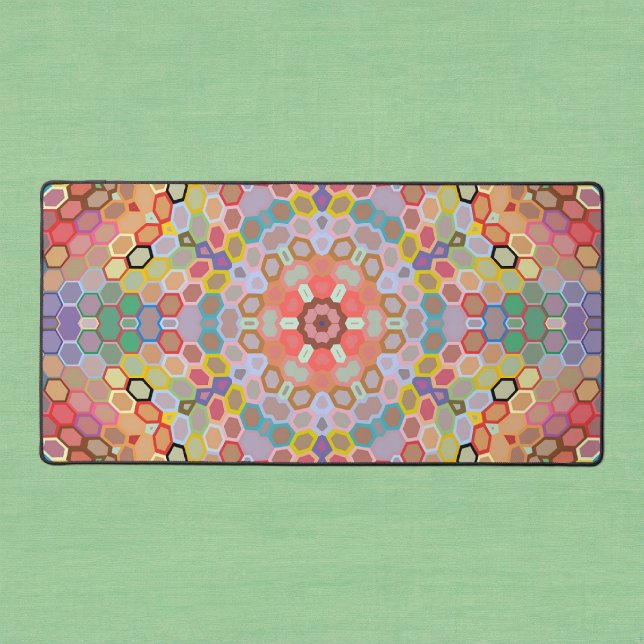 Hex Mandala Rainbow Desk Mat (Rainbow Hexagon Mandala Desk Mat by Wormhole Orbital)