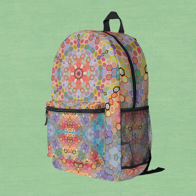 Hex Mandala Rainbow Printed Backpack (Rainbow Hexagon Mandala Backpack by Wormhole Orbital)