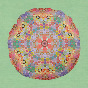 Hex Mandala Rainbow Round Cushion