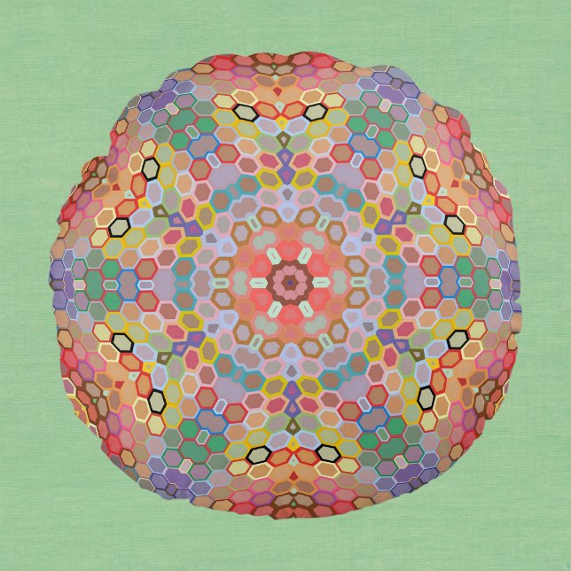 Hex Mandala Rainbow Round Cushion (Rainbow Hexagon Mandala Round Pillow by Wormhole Orbital)