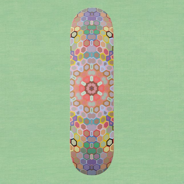 Hex Mandala Rainbow Skateboard (Rainbow Hexagon Mandala Skate Board by Wormhole Orbital)