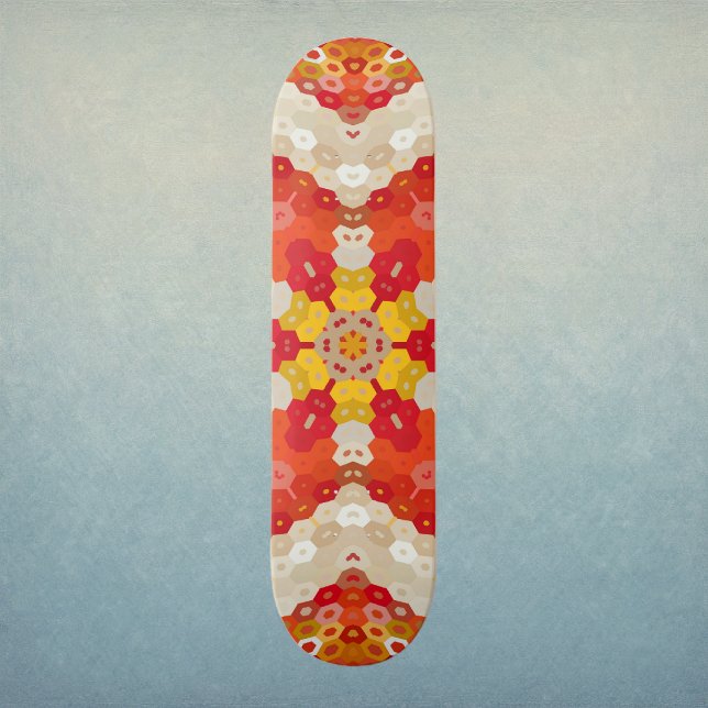 Hex Mandala Red and Yellow Skateboard (Red and Yellow Hexagon Mandala Skateboard by Wormhole Orbital)