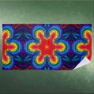 Hex Mandala Red Yellow and Blue Beach Towel