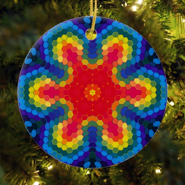 Hex Mandala Red Yellow and Blue Ceramic Ornament (Red Yellow and Blue Hexagon Mandala Ornament from Wormhole Orbital)