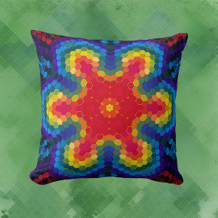 Hex Mandala Red Yellow and Blue Cushion