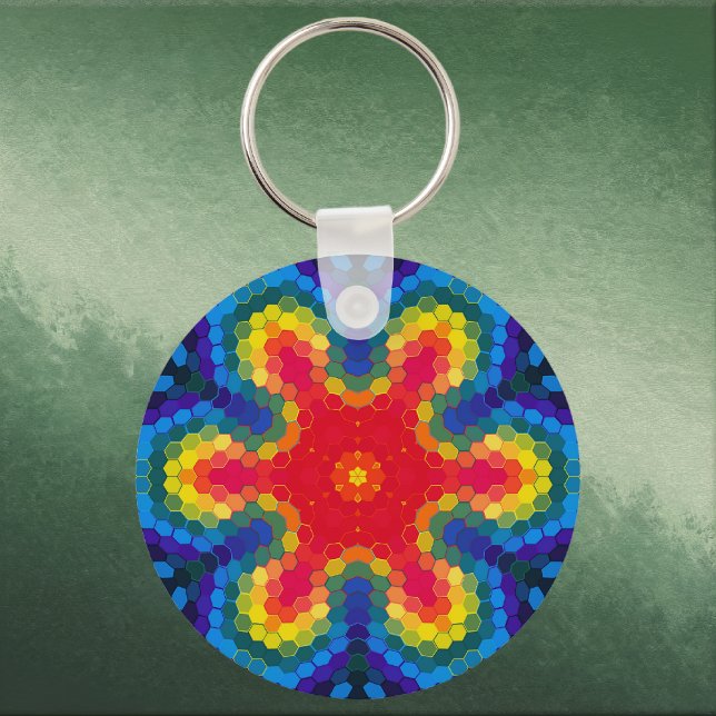 Hex Mandala Red Yellow and Blue Key Ring (Red Yellow and Blue Hexagon Mandala Keychain by Wormhole Orbital)