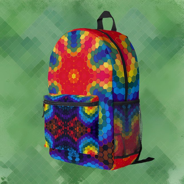 Hex Mandala Red Yellow and Blue Printed Backpack (Creator Uploaded)