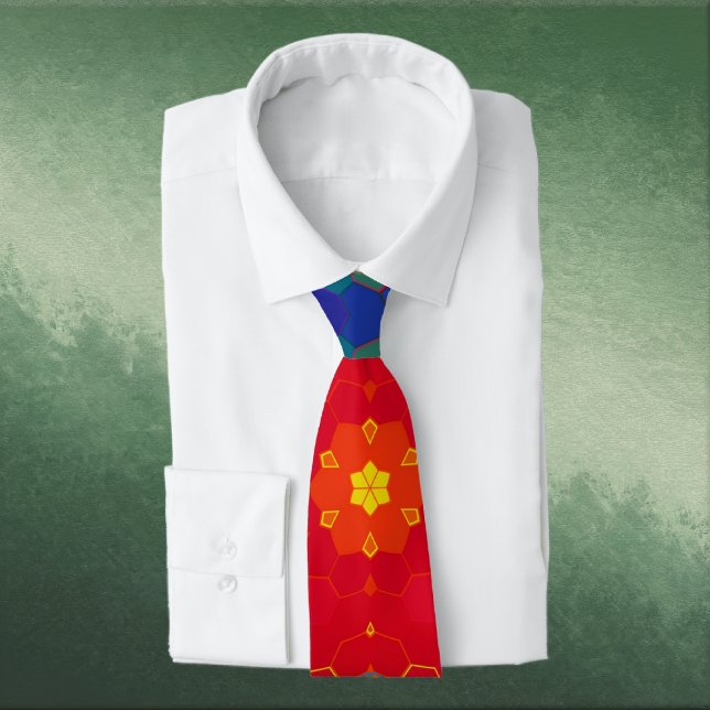 Hex Mandala Red Yellow and Blue Tie (Red Yellow and Blue Hexagon Mandala Neck Tie by Wormhole Orbital)