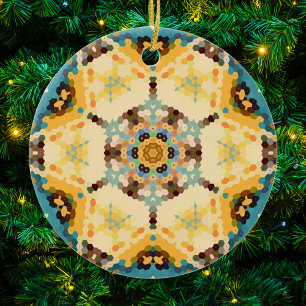 Hex Mandala Yellow and Blue Ceramic Ornament