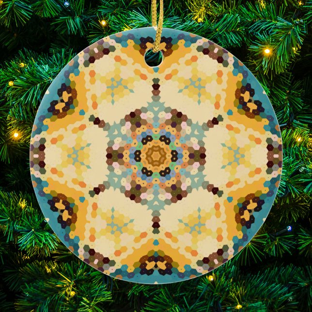 Hex Mandala Yellow and Blue Ceramic Ornament (Yellow and Blue Hexagon Mandala Christmas Ornament from Wormhole Orbital)