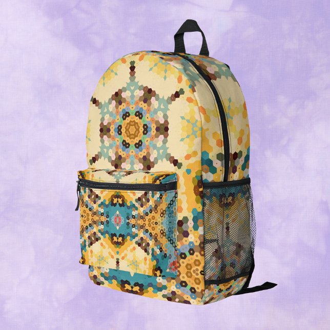 Hex Mandala Yellow and Blue Printed Backpack (Creator Uploaded)