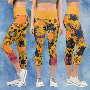 Hex Mandala Yellow and Orange Capri Leggings