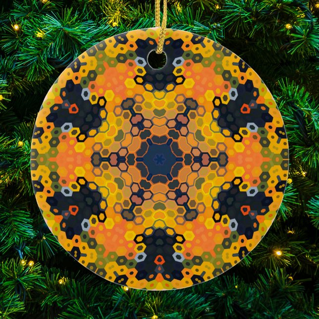 Hex Mandala Yellow and Orange Ceramic Ornament (Yellow and Orange Hexagon Mandala Christmas Ornament from Wormhole Orbital)