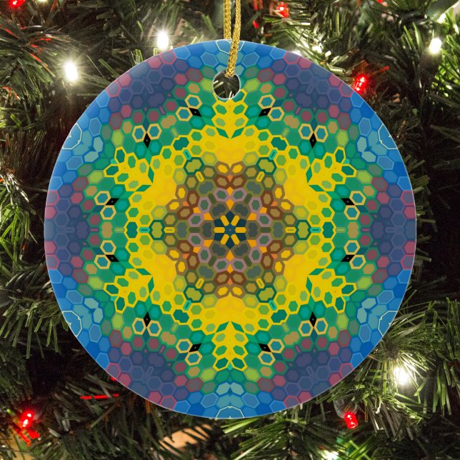 Hex Mandala Yellow Blue and Pink Ceramic Ornament (Yellow Blue and Pink Hexagon Mandala Christmas Ornament from Wormhole Orbital)