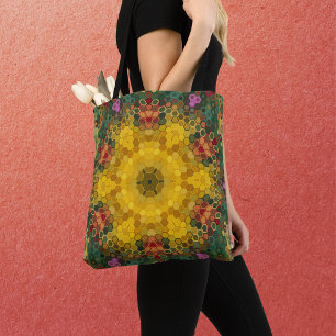 Hex Mandala Yellow Green and Orange Tote Bag