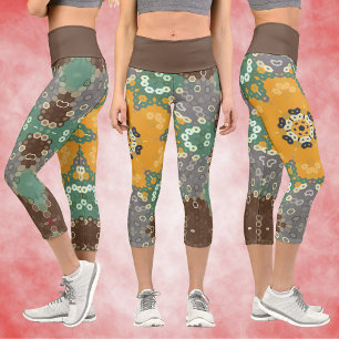 Hex Mandala Yellow Teal and Brown Capri Leggings