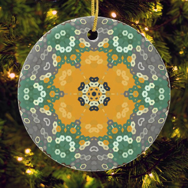 Hex Mandala Yellow Teal and Brown Ceramic Ornament (Yellow Teal and Brown Hexagon Mandala Ornament by Wormhole Orbital)