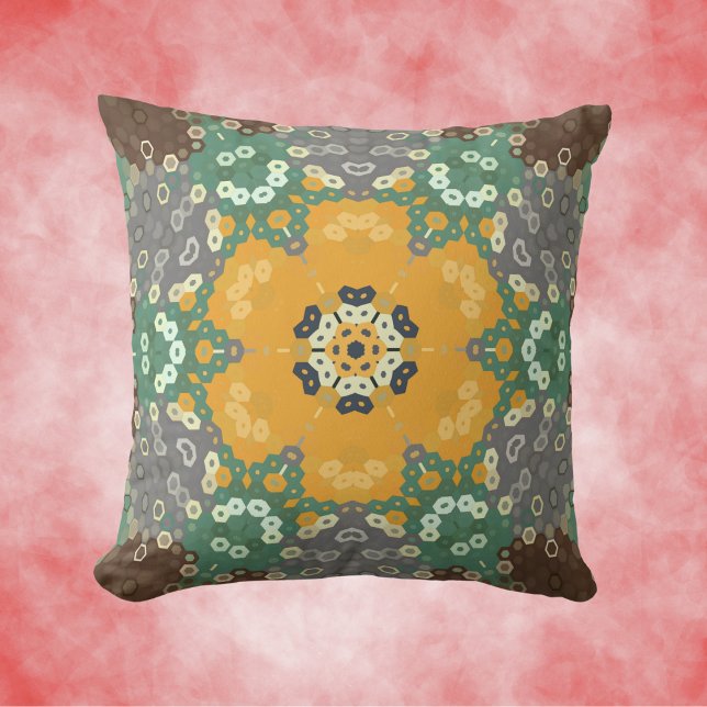 Hex Mandala Yellow Teal and Brown Cushion (Yellow Teal and Brown Hexagon Mandala Throw Pillow by Wormhole Orbital.)