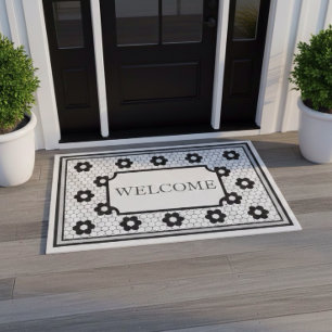 Hex tile design green grey welcome doormat