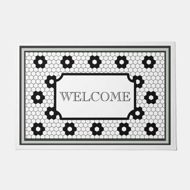 Hex tile design green grey welcome doormat (Front)