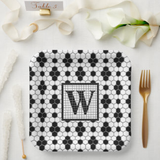 Hex Tile Print Monogram Paper Plate
