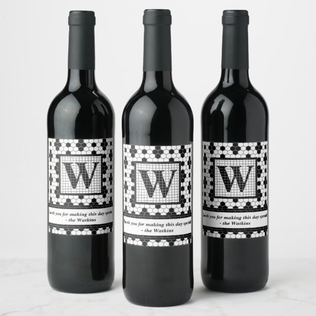 Hex Tile Print Monogram Wine Label (Bottles)