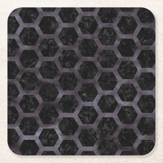 HEXAGON2 BLACK MARBLE & BLACK WATERCOLOR SQUARE PAPER COASTER (Front)