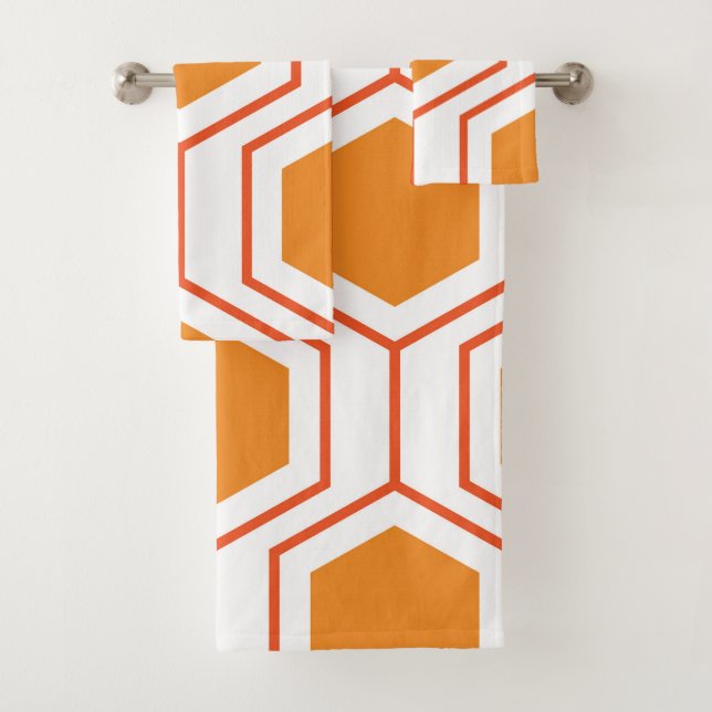 Hexagon abstract geometrical pattern in orange and bath towel set (Insitu)