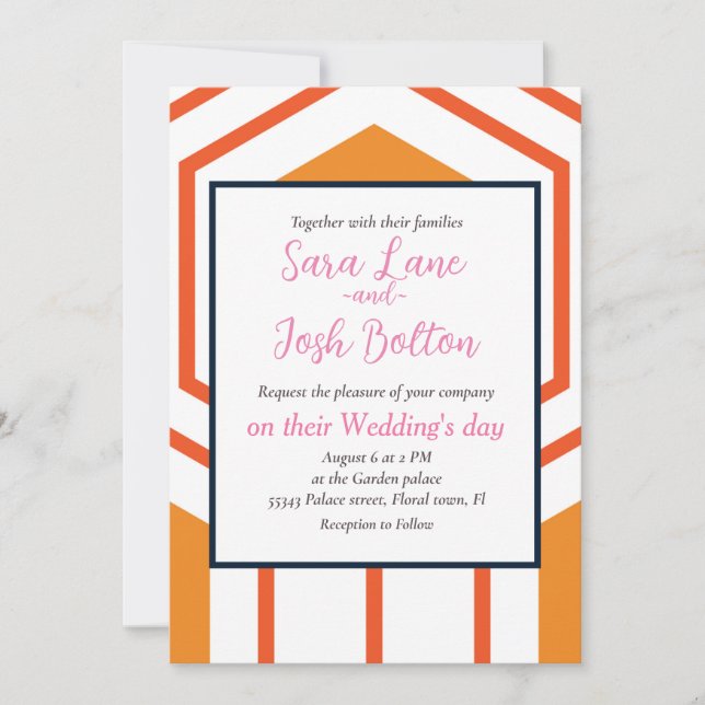 Hexagon abstract geometrical pattern in orange and invitation (Front)