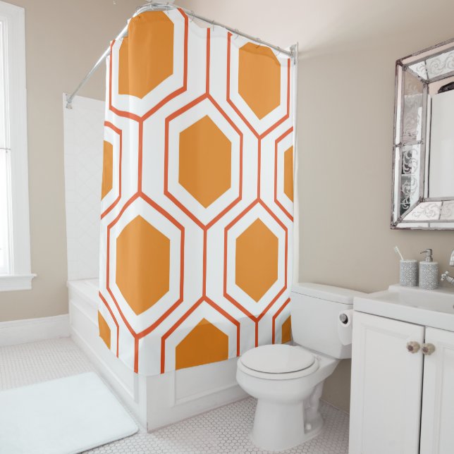 Hexagon abstract geometrical pattern in orange and shower curtain (In Situ)
