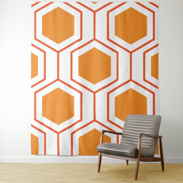 Hexagon abstract geometrical pattern in orange and tapestry (In Situ)