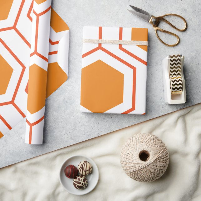 Hexagon abstract geometrical pattern in orange and wrapping paper (Crafts)