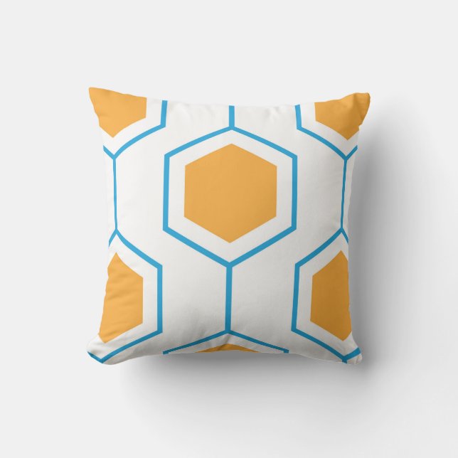 Hexagon abstract geometrical pattern in orange blu cushion (Front)