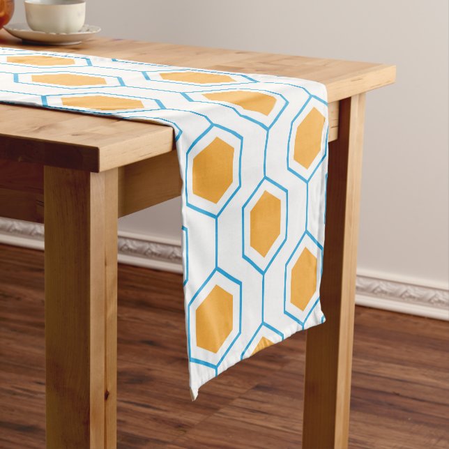 Hexagon abstract geometrical pattern in orange blu short table runner (In Situ)