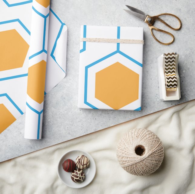 Hexagon abstract geometrical pattern in orange blu wrapping paper (Crafts)