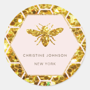 hexagon bee logo on pale pink classic round sticker