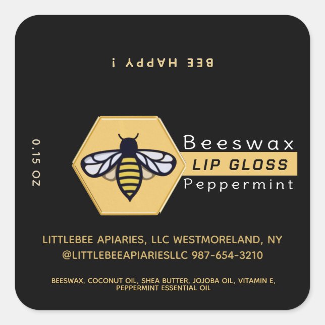 HEXAGON Beeswax Peppermint LIP GLOSS with BEE  Square Sticker (Front)
