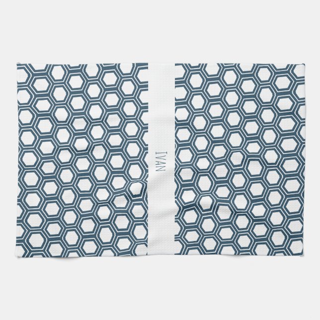 Hexagon Blue White Minimal Pattern Tea Towel (Horizontal)